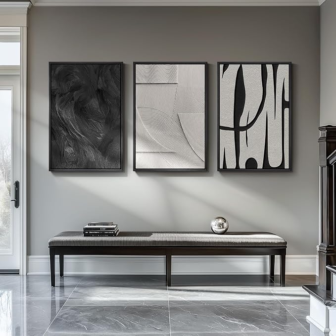 3D Large Framed Black and White Abstract Wall Art for Living Room, 3 Piece | Wood Frames, Sandstone Textured Paintings, Modern Sculptural Artwork for Walls, 24x36 In Pictures Wall Decor Bedroom Office - Image 5