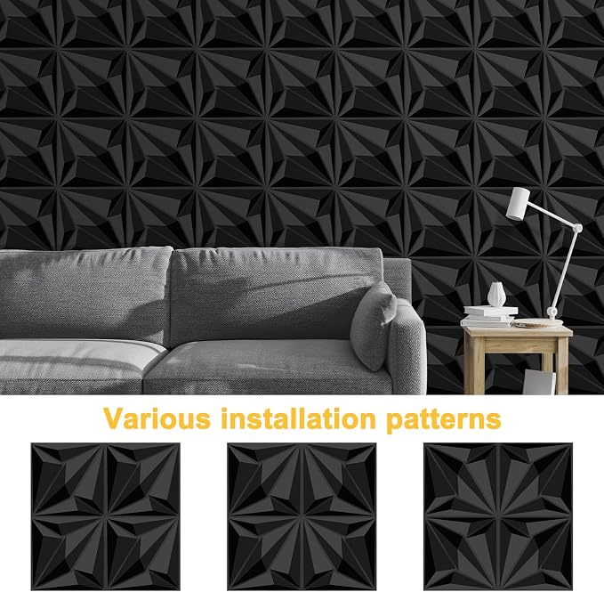 33-Pack 3D Wall Panels Black for Interior Wall Decor, Waterproof PVC Diamond Texture Accent Wall Panels for Gaming Room Living Room Bedroom Office, 12"x12" Matte Black Geometric Wall Tiles - Image 4