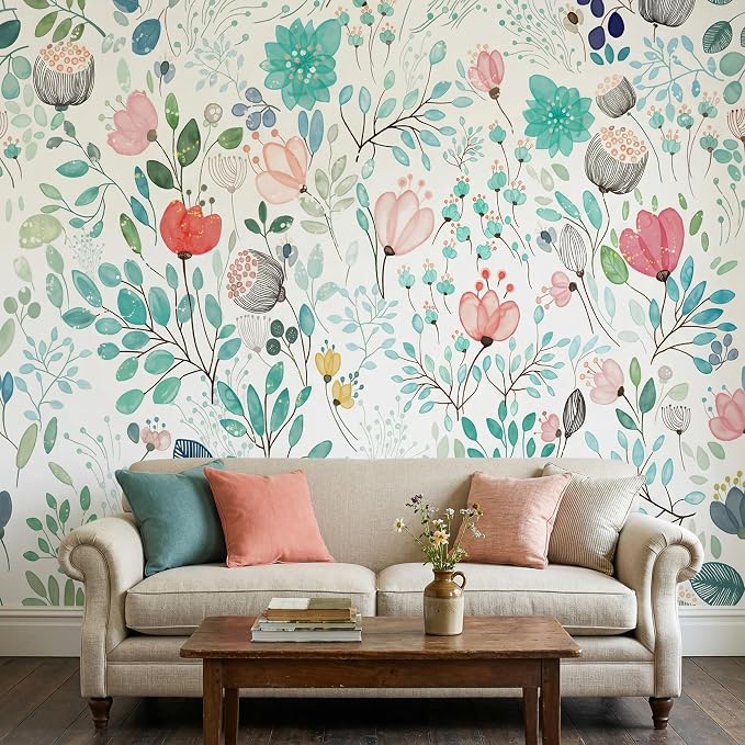 MFWFM Minimalist Floral Peel and Stick Mural Wallpaper Flowers Wall Mural | 137"x96", for Bedroom Living Room Bathroom, Self Adhesive Canvas by MFWFM