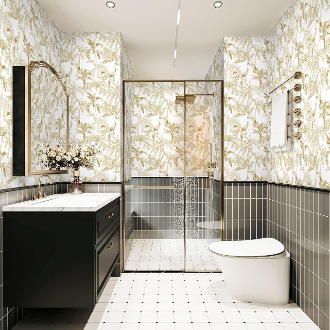 Heroad Boho Leopard Peel and Stick Wallpaper White and Gold Contact Paper Jungle Animal Wall Paper Removable Self Adhesive Wallpaper for Bedroom Entryway Cabinet Bathroom Waterproof Vinyl 17.3"x78.7" - Image 6