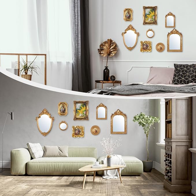 Novabright 8 Pcs Vintage Gold Picture Frame Wall Mirror Decor Set for Gallery, Small Antique Gold Mirror Luxury Ornate Pohot Frames for Wall Table Display(Elegant) - Image 6