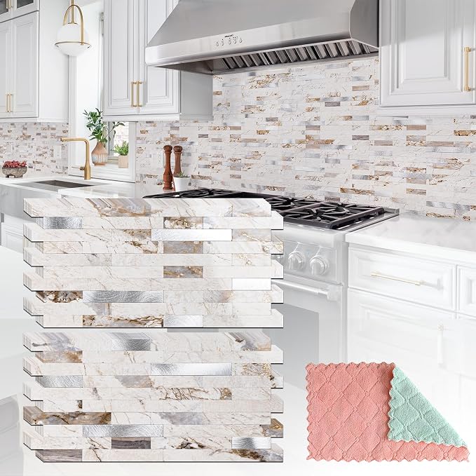 StyloVue 20 Sheets Peel and Stick Backsplash for Kitchen, 2026 Upgraded Ivory Calacatta Marble Look with Silver Metal Accents, Glossy Finish, Stick on Tile for Kitchen Backsplash, RV, Fireplace by StyloVue