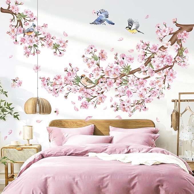decalmile Cherry Blossom Branch Pink Floral Birds Sofa Wall Decals Stickers by decalmile