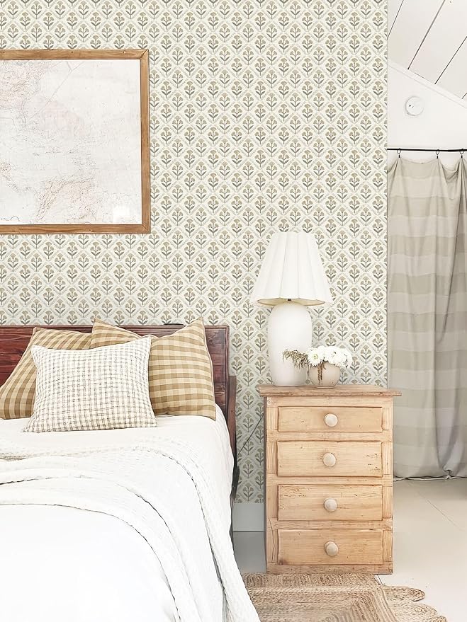 Dimoon 17.3''x393'' Peel and Stick Wallpaper Floral Beige Boho Neutral Cute Contact Paper Vintage Village Country Cottage Wallpaper Farmhouse Renter Friendly Geometry Waterproof Kitchen Bedroom - Image 3