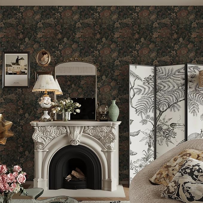 Dimoon Vintage Peel and Stick Wallpaper Dark Green Floral Wall Paper 16.1"x236" Retro Victorian Moody Wallpaper Renter Friendly Dark Floral Gothic Contact Paper for Bedroom Shelf Liner Vinyl Roll - Image 4