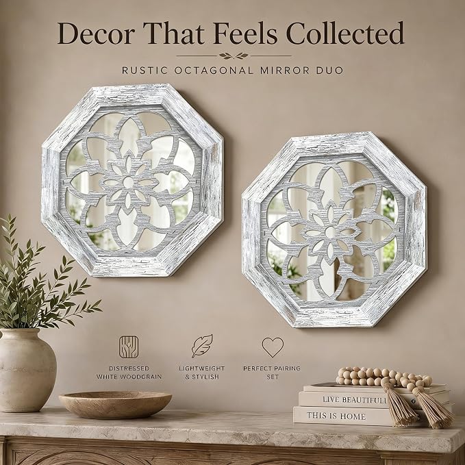 2 Pack 12 Inch Octagon Grey Rustic Wood Frame Acrylic Wall Mirrors, Farmhouse Boho Wall Art Decor for Living Room, Bedroom, Hallway, Entryway, Bathroom & Office - Image 7