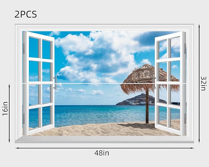 FLFK Fake Window Wall Mural - Ocean Beach Faux Window Wall Sticker for Wall Decor, Peel and Stick Wall Decals,48"x32",Set of 2 Sheets - Image 2