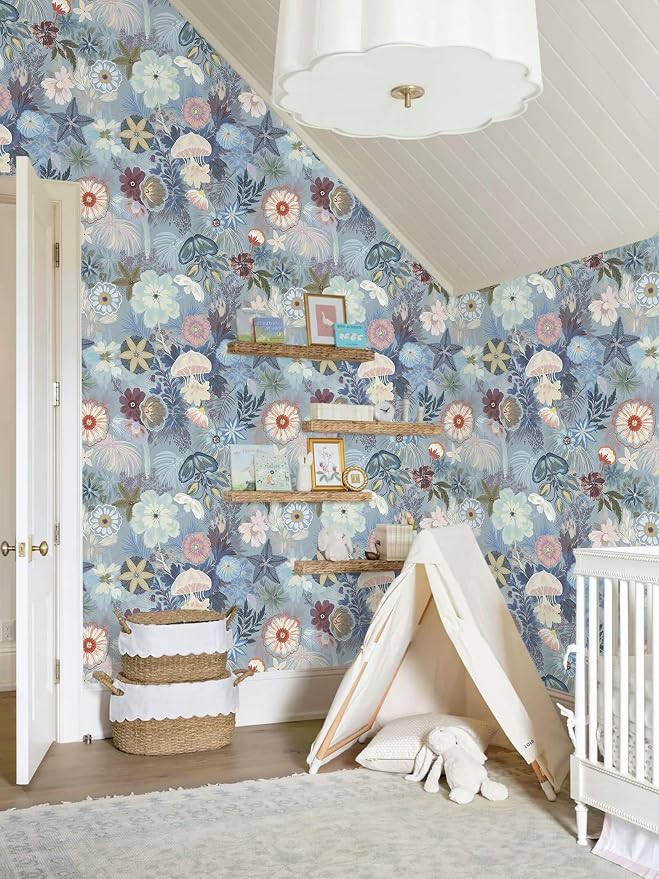 Ismoon Blue Wallpaper Peel and Stick Vintage Floral Contact Paper Jellyfish Ocean Stick on Wall Paper Removable Self Adhesive Vinyl Wallpaper for Bedroom Wall Decor Cabinet 17.3x78.7in - Image 7