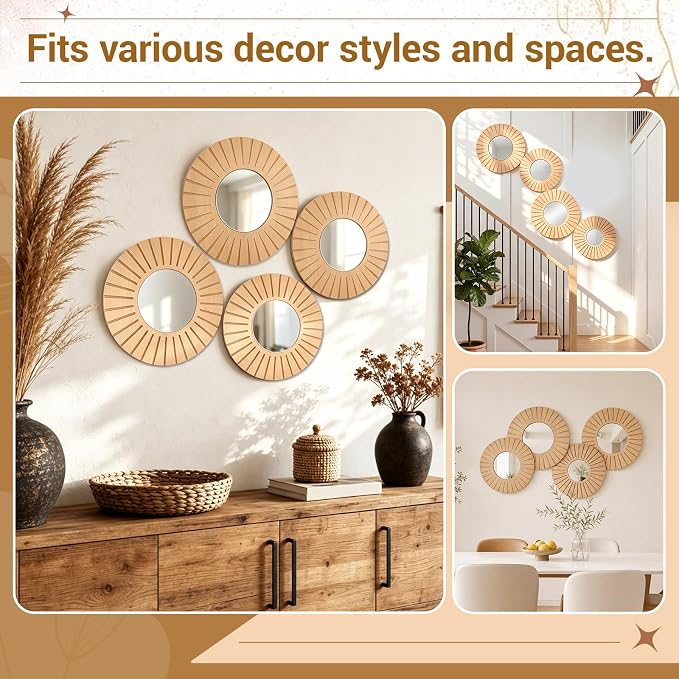 Yerliker 4 Pack Boho Wall Decor Mirror 12" 10" Hanging Baskets Wall Art Decorative Round Mirror with Wooden Frame Rustic Farmhouse Home Decor for Bedroom Living Room Dining Room Nursery - Image 3