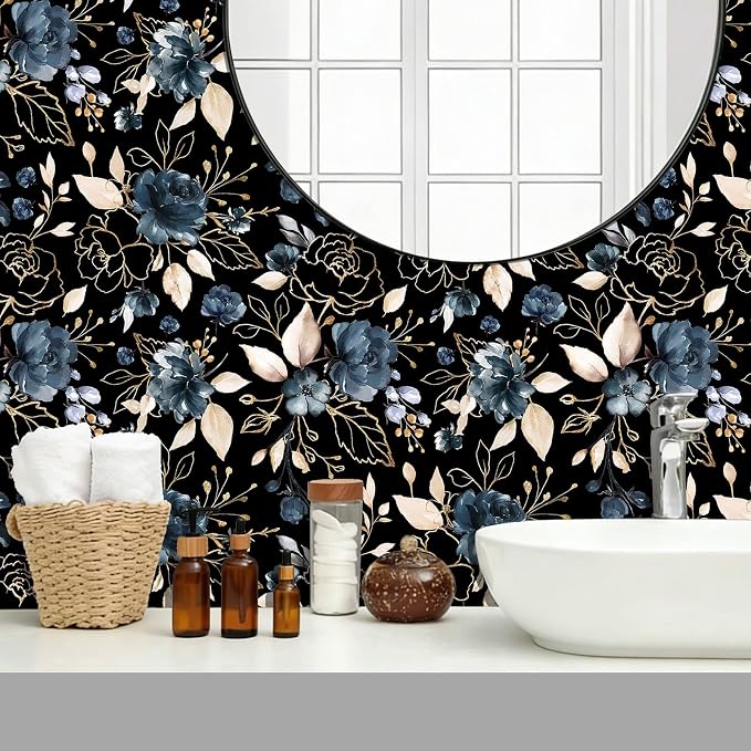 Black Gold Floral Peel and Stick Wallpaper 17.7"x393.3" | Removable thick vinyl, dark botanical design with navy blue flowers, bedroom, bathroom, renter friendly accent walls - Image 6