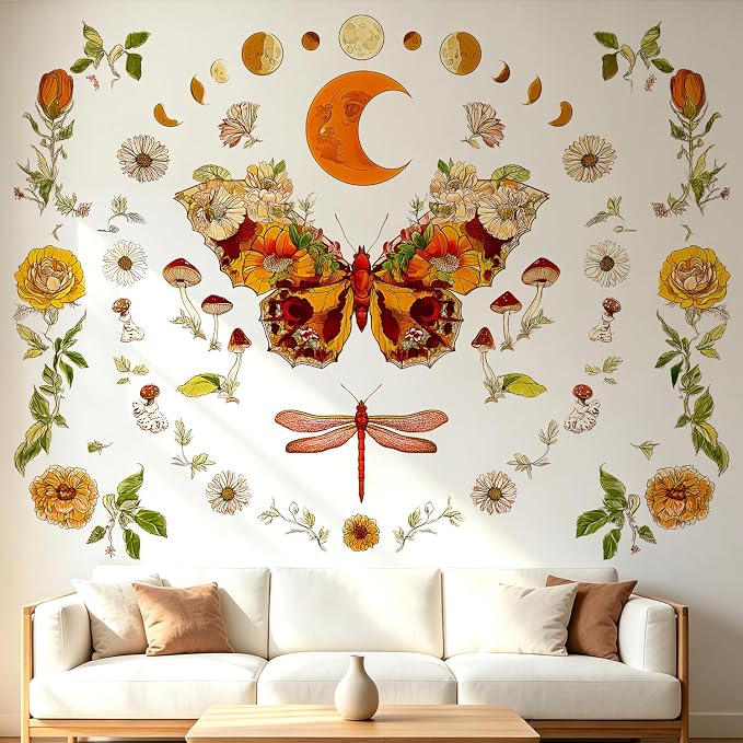 Vintage Moth Moon Phase Mushroom Floral Flower Boho Wall Decals Decor Art | Vintage boho earth tone wildflowers peel and stick removable vinyl wall stickers for living room bedroom office by VePret