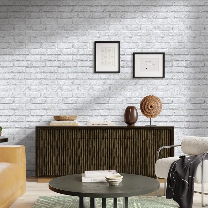Commomy Faux Brick Wall Panels Peel and Stick Thin PVC 10 Pcs 11.8" x 11.8" | Small Size Thin PVC Quick Grey Spots White Brick Wall Covering Home Decor for Fireplace,Home Office (Covers 9.7 sq.ft) - Image 9