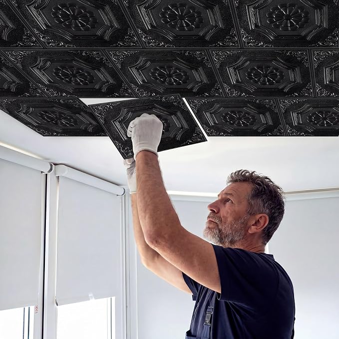 Nuanchu 30 Pcs 13.8 x 13.8 Inch Ceiling Tiles Peel and Stick, Black | Foam White 3D Wall Panels 26-105.5 Sq. ft Adhesive Glue up Waterproof Wallpaper for DIY Office Home - Image 5