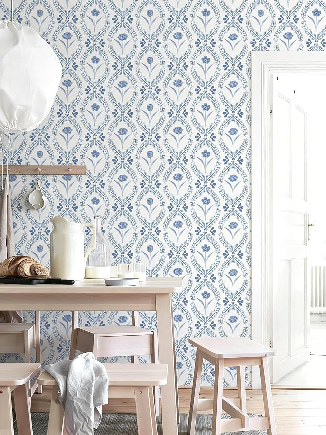 Orainege Floral Peel and Stick Wallpaper Blue Floral Contact Paper | 16.9in x196.8in Leaf Flower Wallpaper Peel and Stick Boho Self Adhesive Removable for Bedroom Bathroom Decor - Image 5