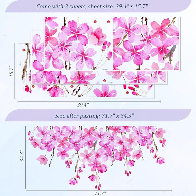 Cherry Blossom Flowers Wall Decals Peel and Stick, Large Floral Vinyl Wall Stickers, Removable Vine Home Decor Art for Bedroom Living Room Classroom Office - Image 2