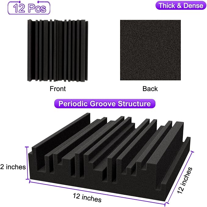 TroyStudio Thick Acoustic Foam Panels, 12 X 12 X 2 Inch 12 Pcs Broadband Sound Absorbing Foam, Dense Soundproof Padding Tile, Recording Studio Foam Absorber, Groove Decorative 3D Wall Ceiling Panel - Image 2