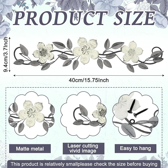 Wesiti Metal Flower Wall Decor Wrought Iron Scroll 15.7x3.7,White | Vintage Metal Flower decor,Farmhouse Leaf Art with Nails, Flat Not 3D Design, For Bedroom Kitchen Indoor Outdoor Wall Decor - Image 2