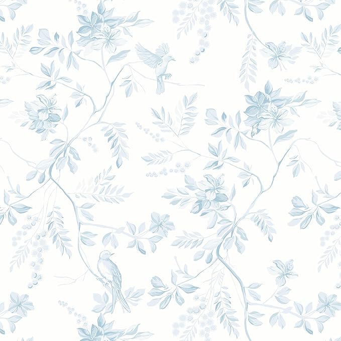 Dimoon 17.3''x385'' Blue Peel and Stick Wallpaper Floral Modern Light Blue Contact Paper White Bird Kitchen Wallpaper Removable Bathroom Renter Friendly Waterproof Embossed Bedroom Vinyl Roll by DIYYOURMOON