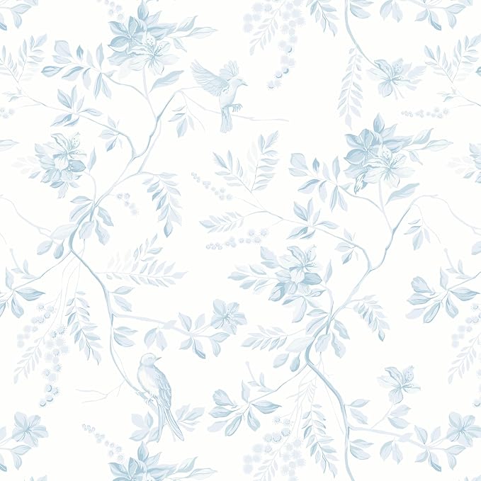 Dimoon 17.3''x197'' Blue Peel and Stick Wallpaper Floral Modern Light Blue Contact Paper White Bird Kitchen Wallpaper Removable Bathroom Renter Friendly Waterproof Embossed Bedroom Vinyl Roll by DIYYOURMOON
