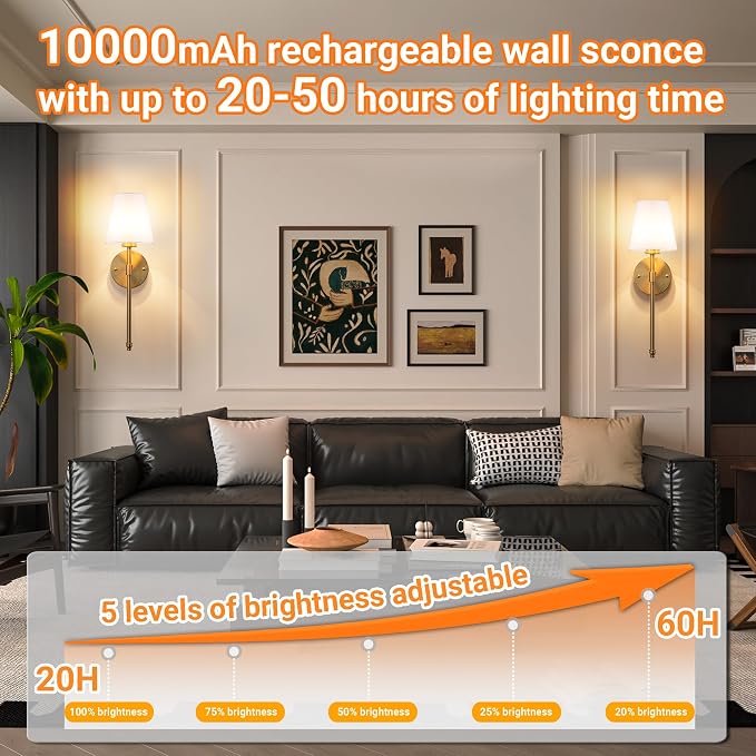 Nekhung Battery Operated Wall Sconce, Peel and Stick Sconces Set of 2 | Wireless Adhesive Stick On Wall Sconce, 10000mAh Rechargeable RGB Bulb with Remote, No Drill Wall Light for Bedroom Decor - Image 6