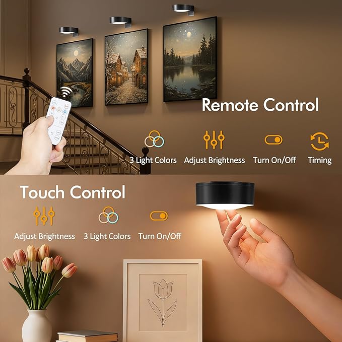 Picture Lights for Wall, Rechargeable Battery Wireless Poster Lights, Black | LED Magnetic Painting Light with Remote Dimmable, Timer＆3 Lighting Modes, Art Display Puck Light for Frame Portrait, 3 Pack - Image 5