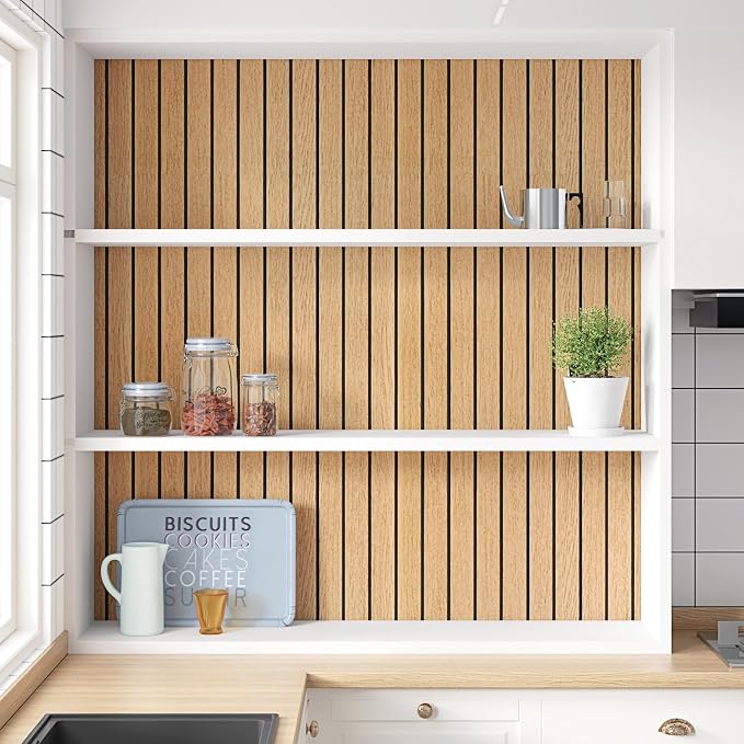 Brown Peel and Stick Wood Panels 3D Faux Wood Slat Wall Paneling | Removable Self Adhesive Wooden Slat Panel Wallpaper for Bedroom TV Background Cabinets PVC Plank Stick on Walls 11.8" x 118" - Image 5