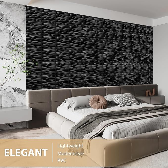 Heikki 30 Pack 3D Wall Panel for Interior Wall Décor, PVC Flower Textured Wall Panels for Living Room Bedroom Hotel Office, 11.8"x11.8", Double-Sided Tape (Black-YZ) - Image 5