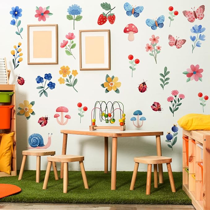 Flowers Wall Decals - Peel and Stick Cute Flowers, Plants and Small Animals Wall Stickers, Removable Bright Colors Floral Wall Decor for Kids Bedroom, Living Room, Nursery Decor Wall Corner Decor - Image 3