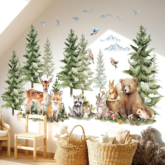 DECOWALL Large Watercolor Pine Tree Woodland Animals Wall Decals (SG4-2422) by DECOWALL