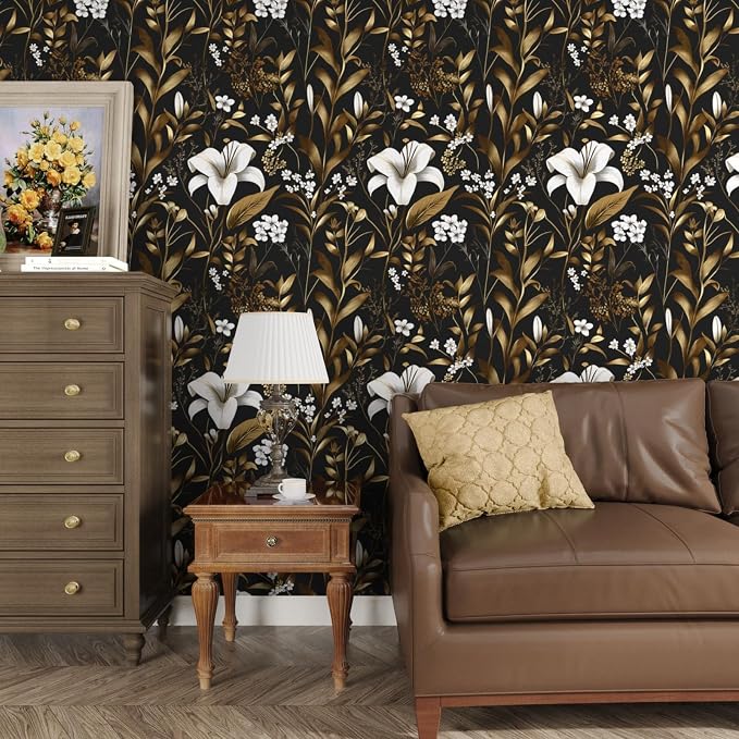 Laatse Vintage Dark Black Golden Floral Peel and Stick Wallpaper 17.5"x197" | Self Adhesive/Removable/Waterproof/Thick Vinyl Contact Paper for Bathroom Bedroom Shelf Cabinet Drawer,Prepasted,Easy Peel - Image 2