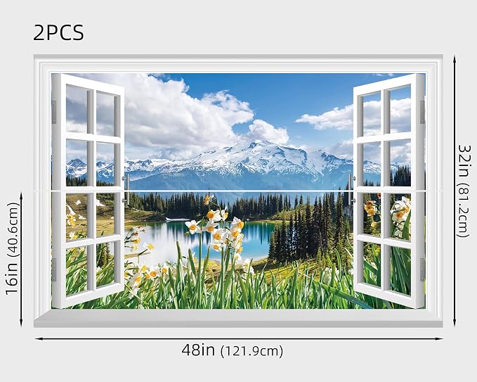 FLFK Fake Window Wall Mural - Spring Faux Window Wall Sticker for Wall Decor, Stick and Peel Wall Decals,48"x32",Set of 2 Sheets - Image 2