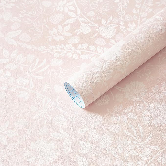 Guvana Pink and White Peel and Stick Wallpaper Floral Wallpaper Slef Adhesive Removable Waterproof Contact Paper Boho Wall Paper for Living Room Bedroom Stair Kitchen Bathroom 17.3''x197'' by Guvana