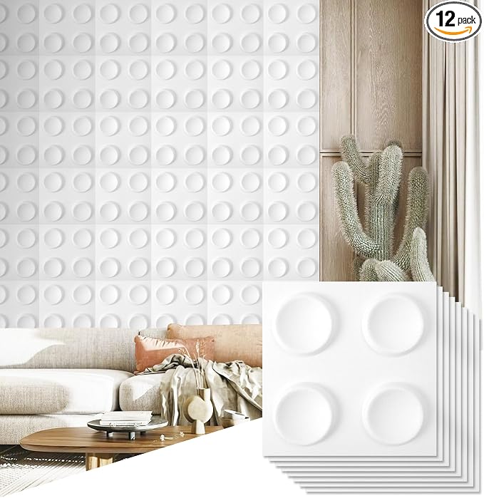 12 Pack 3D Wall Panels for Interior Wall Decor, Accent Wall Panels for Office Living Room Bedroom Hotel Lobby, 12''x12'' Fiber Cookie Wallpapers Cover 12.Sq.Ft（White） by Unknown