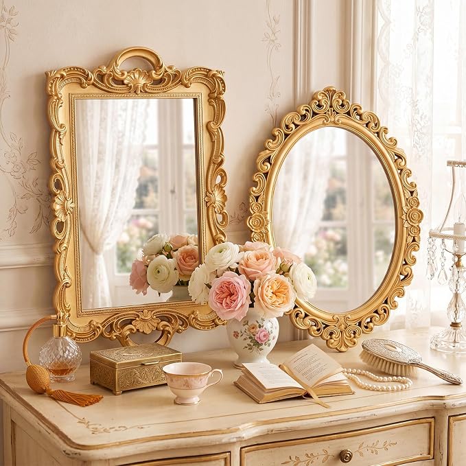 Beeveer 2 Style Vintage Mirrors Set Decorative Oval Wall Mirror Small Antique Mirrored Tray Decorative Hanging Mirror for Bathroom Bedroom Jewelry Organizer Victorian Decor (Square,Gold) - Image 5