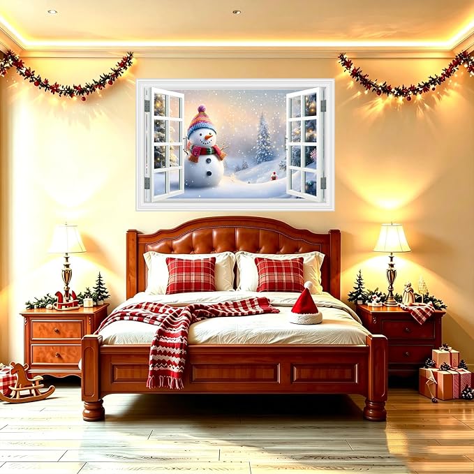 Fake Window Wall Decal - Merry Christmas Snowman Conifer Snow Scene Sticker | ｜Faux Window Merry Christmas Wall Art Mural ｜ Stick and Peel Wall Decals｜for Xmas Room Bedroom Office Picture Decor｜24"x16" - Image 8
