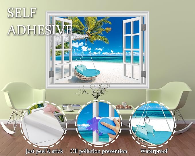 FLFK Fake Window Wall Decal, Tropical Beach Paradise with Turquoise Ocean, White Frame, Peel and Stick, 80 x 60 Inches,for Living Rooms, bedrooms, and Offices - Image 7