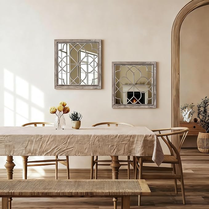 Set of 2 18 Inch Large Square Brown Window Pane Wall Mirrors, Shatterproof Rustic Farmhouse Boho Vintage Accent Mirrors for Living Room, Bedroom, Bathroom, Entryway & Home Decor - Image 3