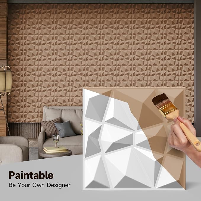 INMOZATA 3D Wall Panels, Diamond Textured PVC Accent Wall Panels | 33-Pack 12" x 12" PVC Decorative Wall Panels for Interior Wall Decor, TV Gaming Living Room, Bedroom Background, White - Image 3