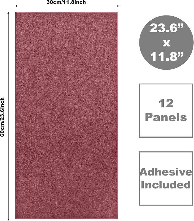 Acoustic Panels 12-Pack Soundproof Wall Panels 24"X12"X0.35" Sound Panels High Density Sound Dampening Panels - Red Wine - Image 2