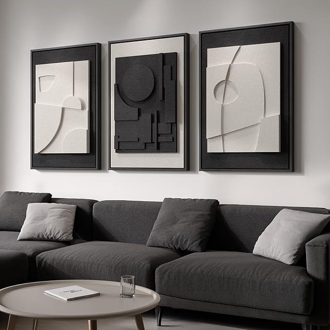 Large Framed Black and White Modern 3D Abstract Wall Art for Living Room | Solid wood frame, Textured paintings, 3 piece 24x36 big size artwork, Minimalist pictures wall decor for bedroom or office by Cuspin