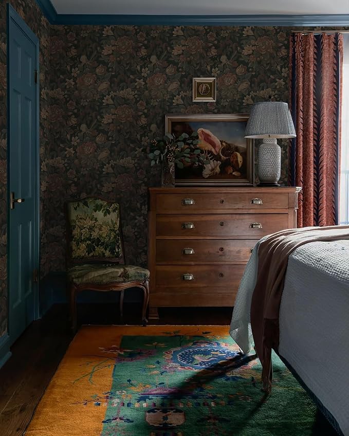 Dimoon Vintage Peel and Stick Wallpaper Dark Green Floral Wall Paper 16.1"x78.7" Retro Victorian Moody Wallpaper Renter Friendly Dark Floral Gothic Contact Paper for Bedroom Shelf Liner Vinyl Roll - Image 8