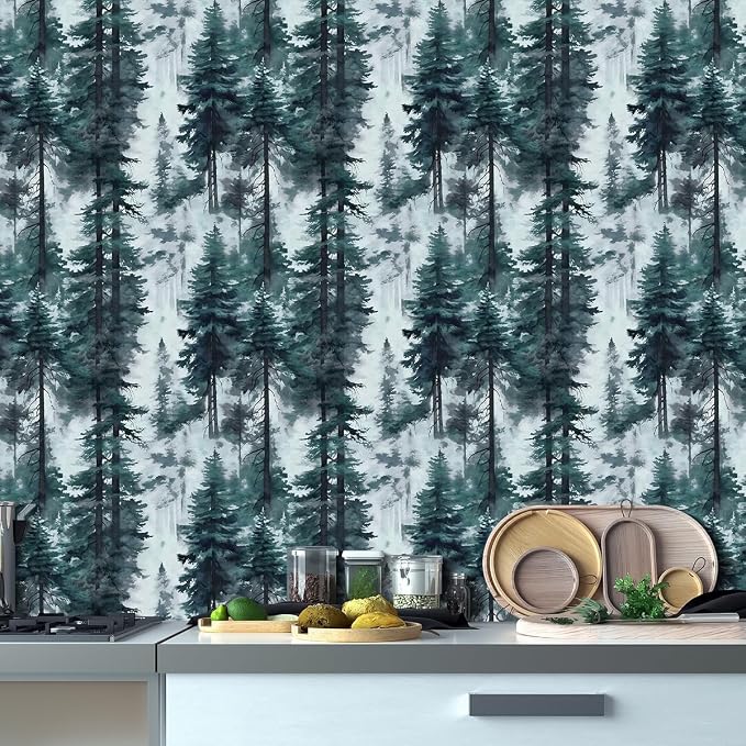 HAOKHOME Forest Peel and Stick Wallpaper Misty Blue Mural Contact Paper | Textured Removable Tree Landscape Mountain Botanical Nature Wall Paper Waterproof Blue Green Bathroom Bedroom 17.3in x 9.8ft - Image 4