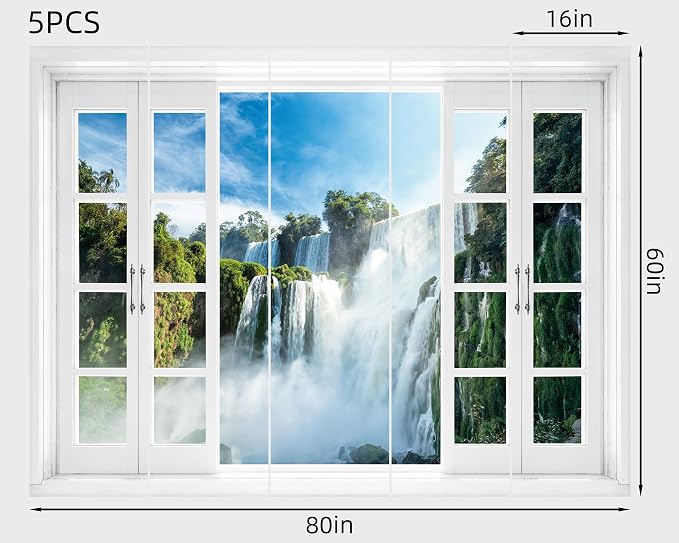 FLFK Fake Window Wall Mural - Nature Scene Waterfall Peel and Stick Decal, 80 x 60 inches, Set of 5 Sheets - Image 2