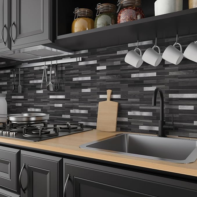 Yipscazo 10 Sheets Peel and Stick Stone Metal Tile Backsplash, Stick on Tiles for Backsplash Kitchen, Bathroom, Laundry Room, Camper, Fireplace (12'' X 12'', Black Wood Grain) - Image 2