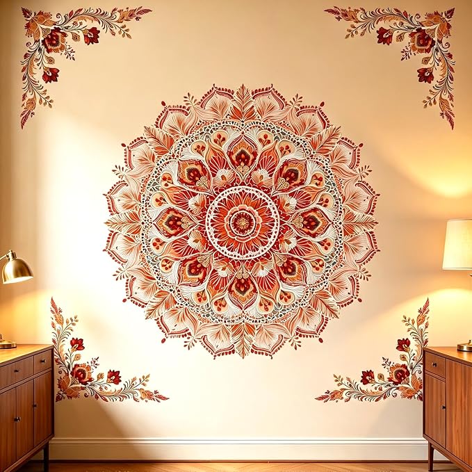 Watercolor Boho Floral Flower Mandala Peel and Stick Wall Decals Decor | Red orange mandala flowers wall stickers mural, classic removable vinyl decor for living room bedroom meditation space decor by VePret