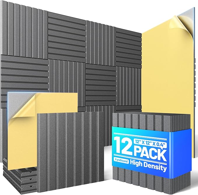 12 Pack Sound Proof Foam Panels for Walls, Acoustic Panels Self-Adhesive | 12" X 12" X 0.4" Slatted Soundproof Wall Panel, High Density Sound Absorbing Panel for Gaming Recording Studio Decor-Black by Unknown