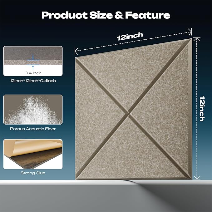 Sonicism 22 Pack X-Lined Acoustic Panels with Self-Adhesive, 12"X 12"X 0.4" Sound Proof Foam Panels, Decorative Soundproof Wall Panels, Sound Absorbing Tile for Home & Offices, Camel - Image 2