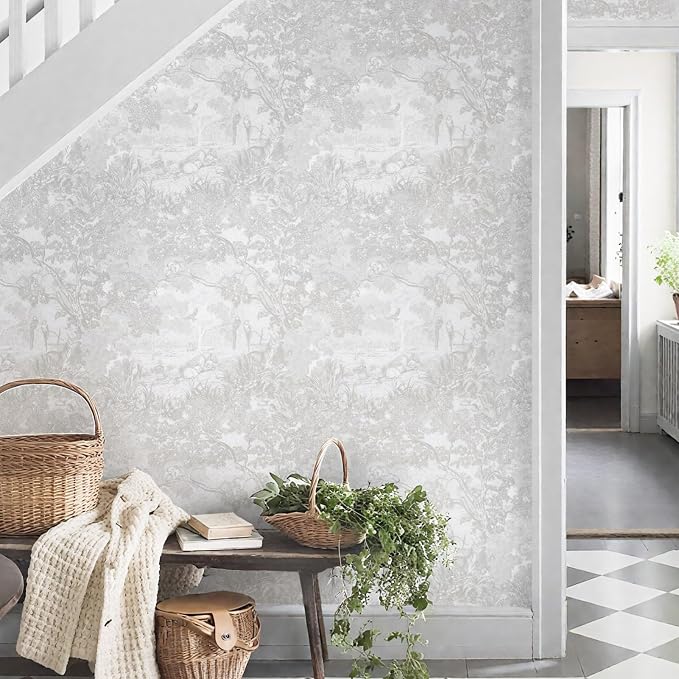Ismoon Gray Peel and Stick Wallpaper Neutral Wall Paper 17.3in×6.56ft Vintage Removable Self-Adhesive Wallpaper Animals Jungle Contact Paper for Cabinets Bathroom Walls Covering Vinyl Roll - Image 2