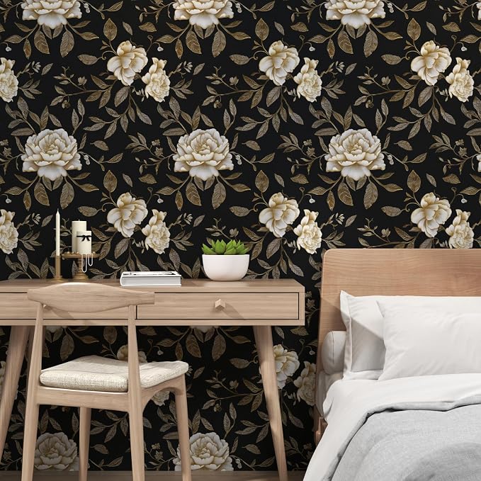 Laatse Dark Golden White Peony Floral Wallpaper Peel and Stick 17.5"x787" | Self Adhesive/Removable/Waterproof/Thick Vinyl Extra Long Contact Paper for Bathroom Bedroom Shelf Cabinet Drawer,Prepasted - Image 6