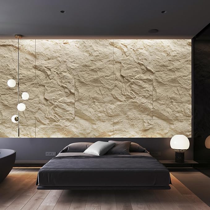 KASARO 3D Faux Stone PU Wall Panels, 4 Pack Stone Texture Golden Hemp | Thicker PU wainscoting panels with realistic stone texture for accent walls, home & office decor, easy install, 43.3" x 23.6" - Image 3